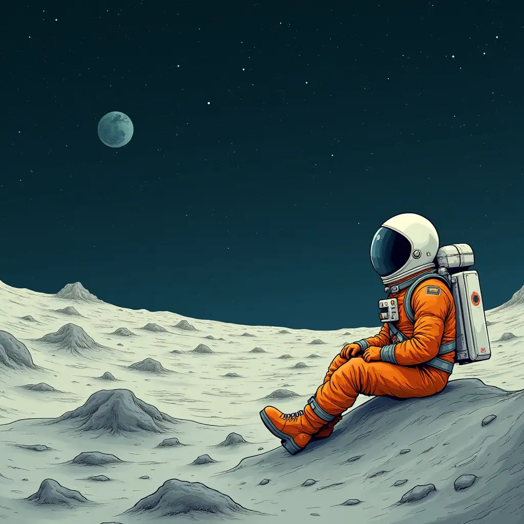 A lonely astronaut in an orange spacesuit sits on the surface of a moon-like planet, gazing into the vastness of space. The astronaut's helmet visor is reflective and obscures their face, adding a sense of mystery. The terrain is cratered and detailed, resembling the barren landscape of the Moon or an alien planet. The background features a breathtaking cosmic sky, filled with stars, a faint Milky Way, and a sense of solitude. The art style is semi-realistic with a touch of whimsy, evoking feelings of wonder and loneliness.