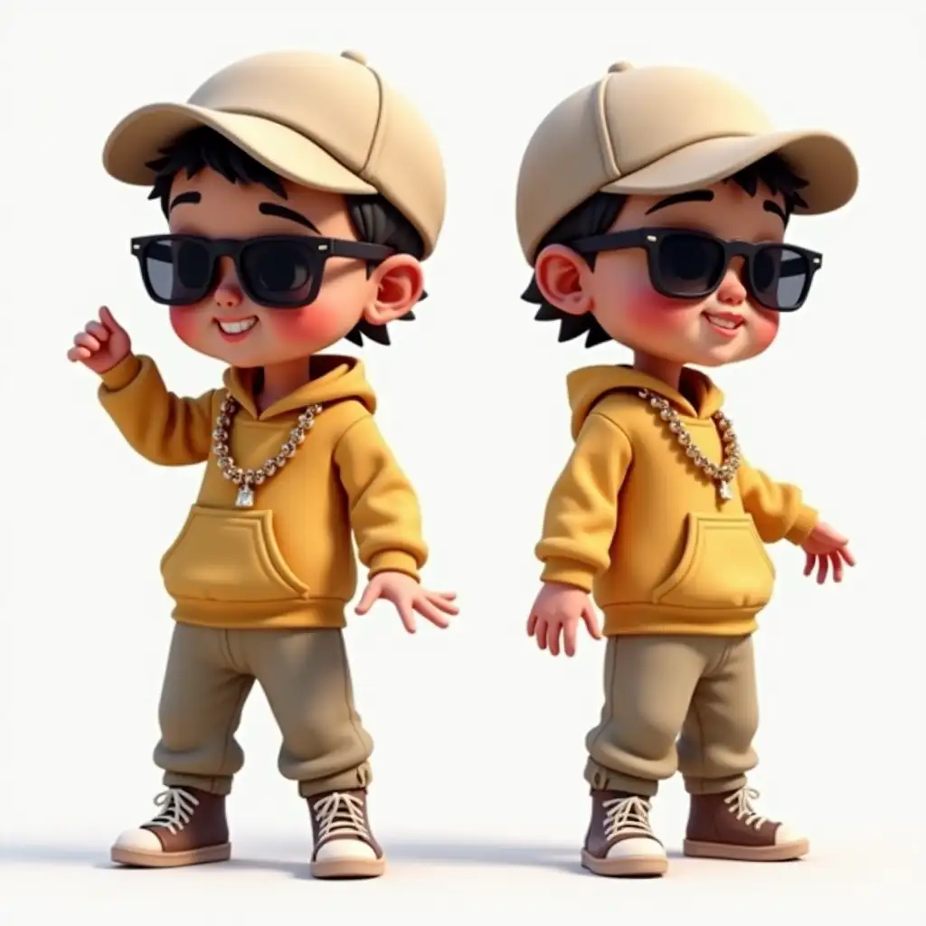 CAN YOU CREATE THIS.FUNNY HIP HOP BABY IN T POSE IMAGE FROM SIDE AND FRONT VIEWS. look cartoonish, realistic 2D.oversized hoodie, cap, gold chain, sunglasses. Purpose: Is FOR DANCE ANIMATION.