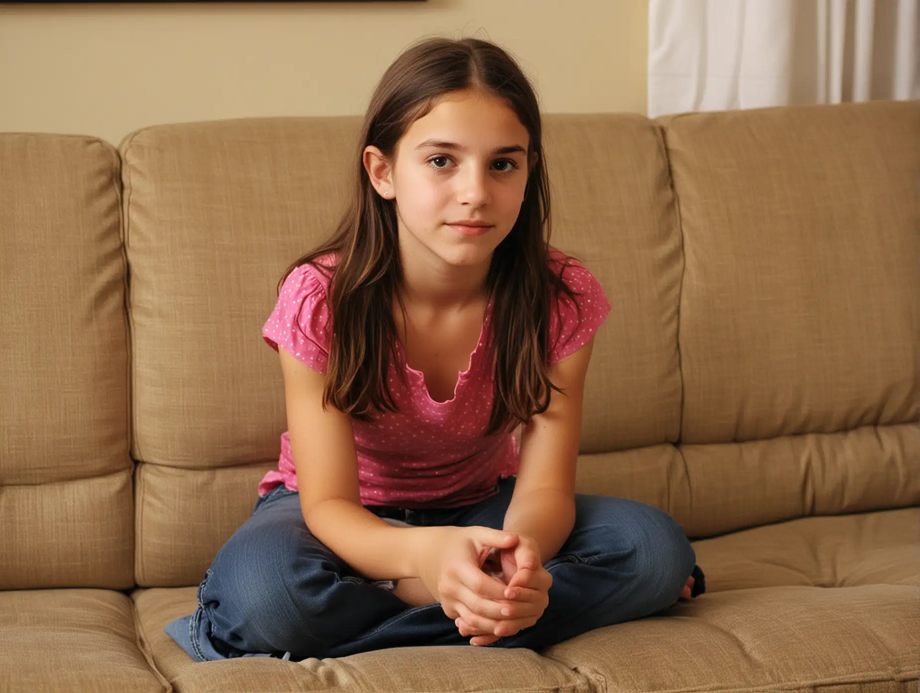 Young-Girl-Kneeling-on-Couch-Facing-Camera-with-Over-the-Shoulder-Angle