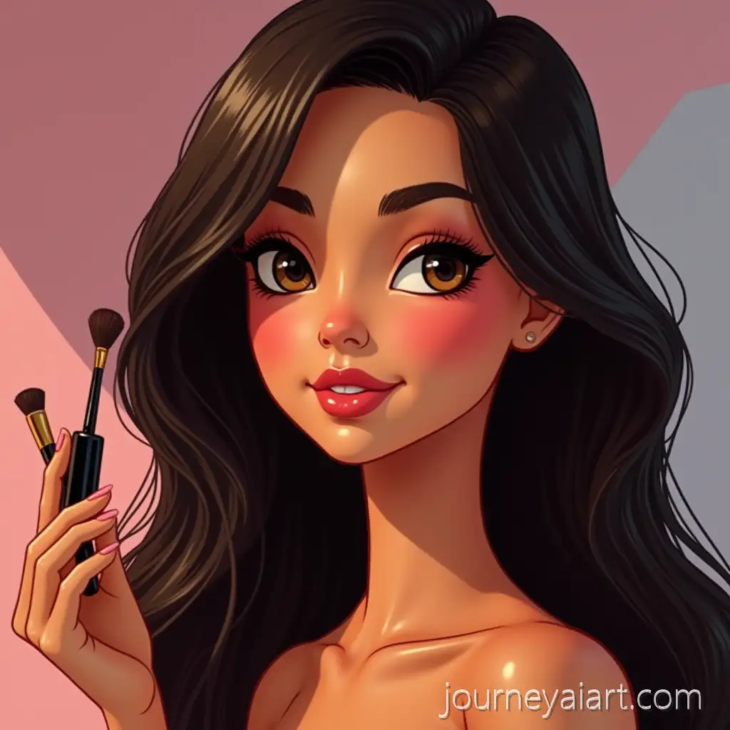 Barbie-Style-Girl-Applying-MakeupBarbie-style-makeup-application-with-Suntanned-Skin-and-Dark-Hair