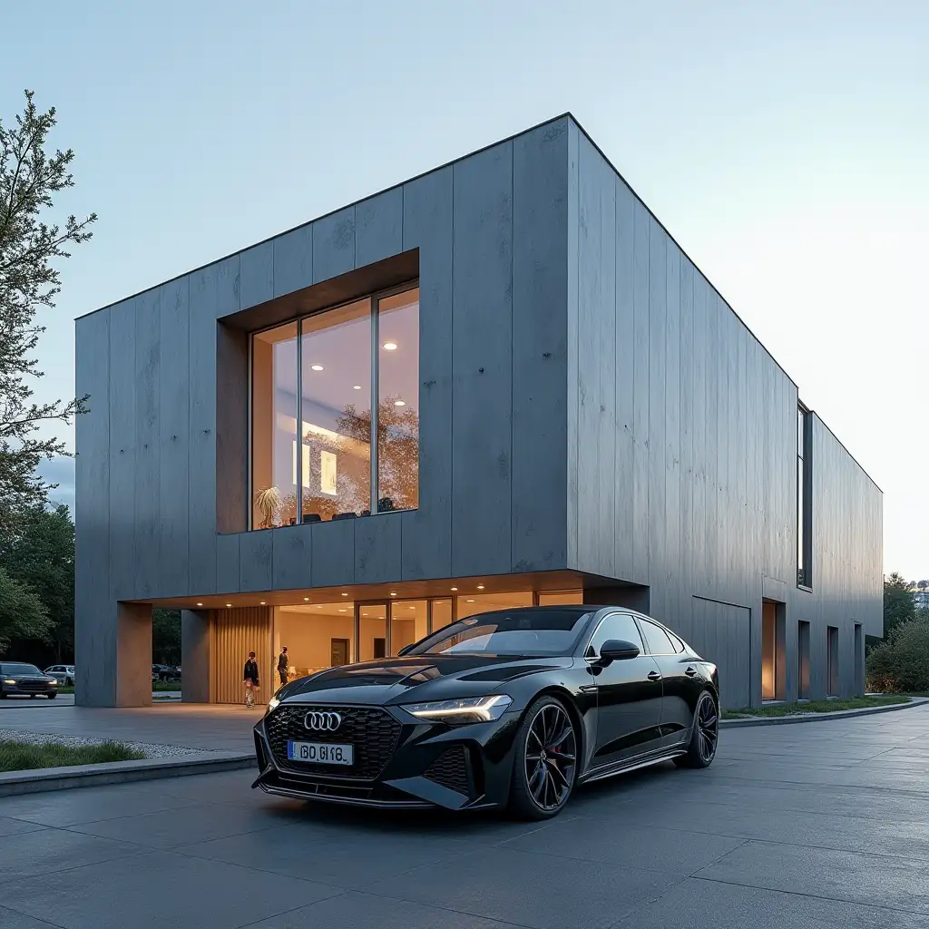 Big building with a audi car parked infront