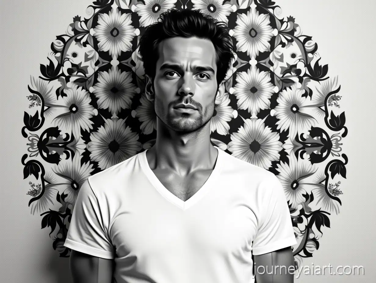 Tony-Stark-in-White-TShirt-with-Black-and-White-Geometric-Wallpaper-Patterns