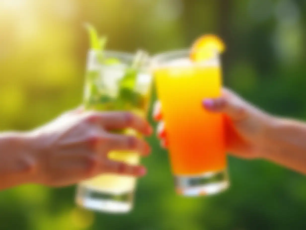 Closeup of two hands clinking cocktails against vibrant beautiful summer nature unrecognizable people drinking non alcoholic mojito and orange juice