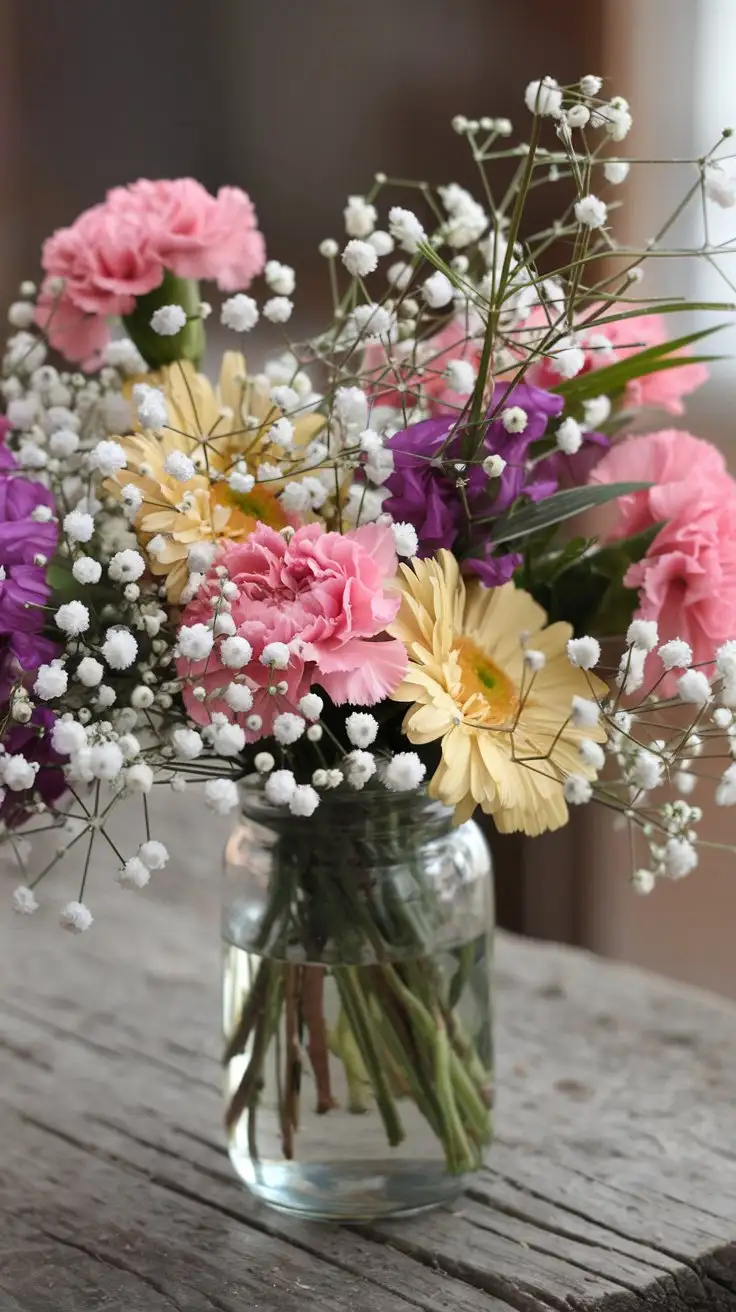 Vibrant-Slightly-Chaotic-Floral-Arrangement-in-Clear-Baby-Bottle-Vase