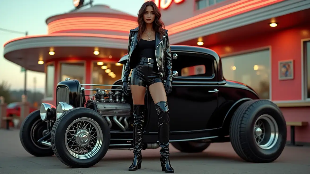 Woman-in-Shiny-PVC-Jumpsuit-Standing-Next-to-Rat-Rod-Outside-Vintage-Diner