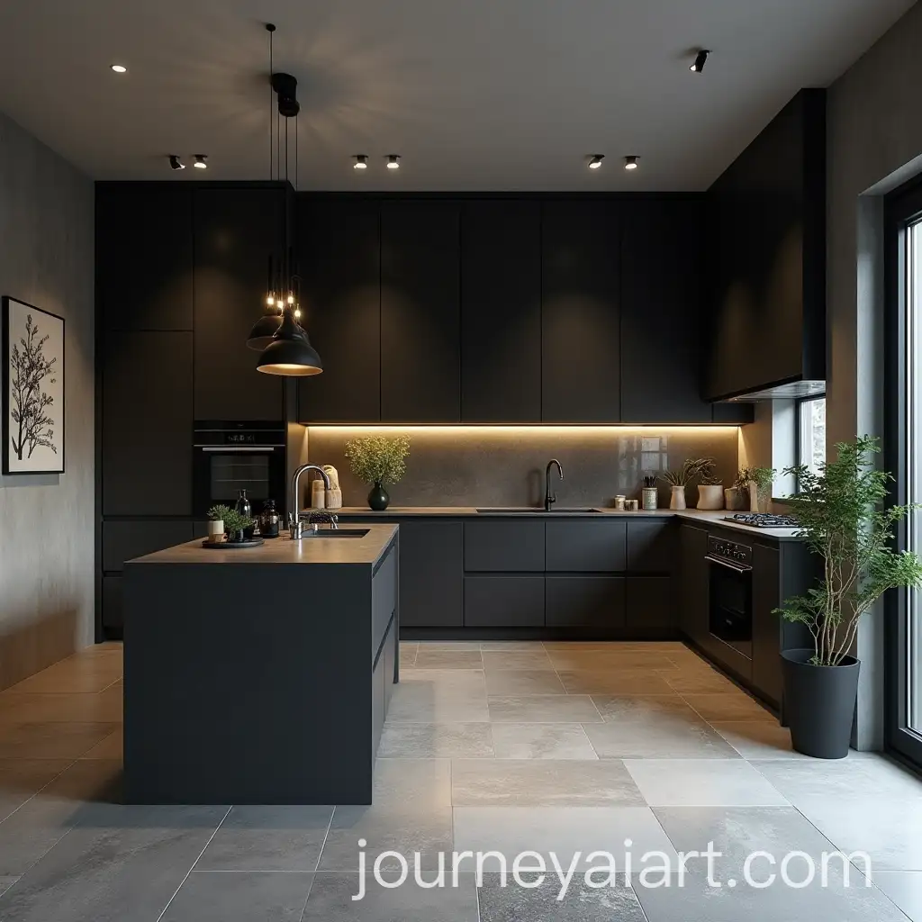 Modern-Kitchen-with-Black-Wood-and-Gray-Ceramic-Floor