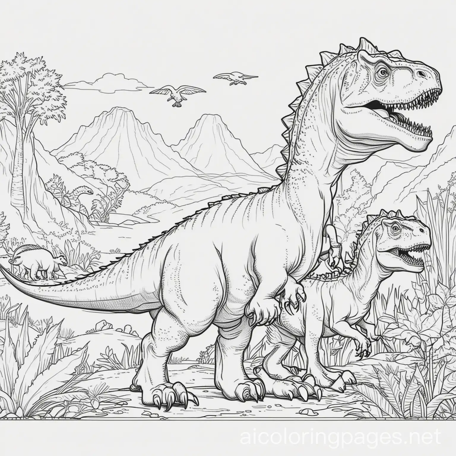 dinosaurs, Coloring Page, black and white, line art, white background, Simplicity, Ample White Space. The background of the coloring page is plain white to make it easy for young children to color within the lines. The outlines of all the subjects are easy to distinguish, making it simple for kids to color without too much difficulty