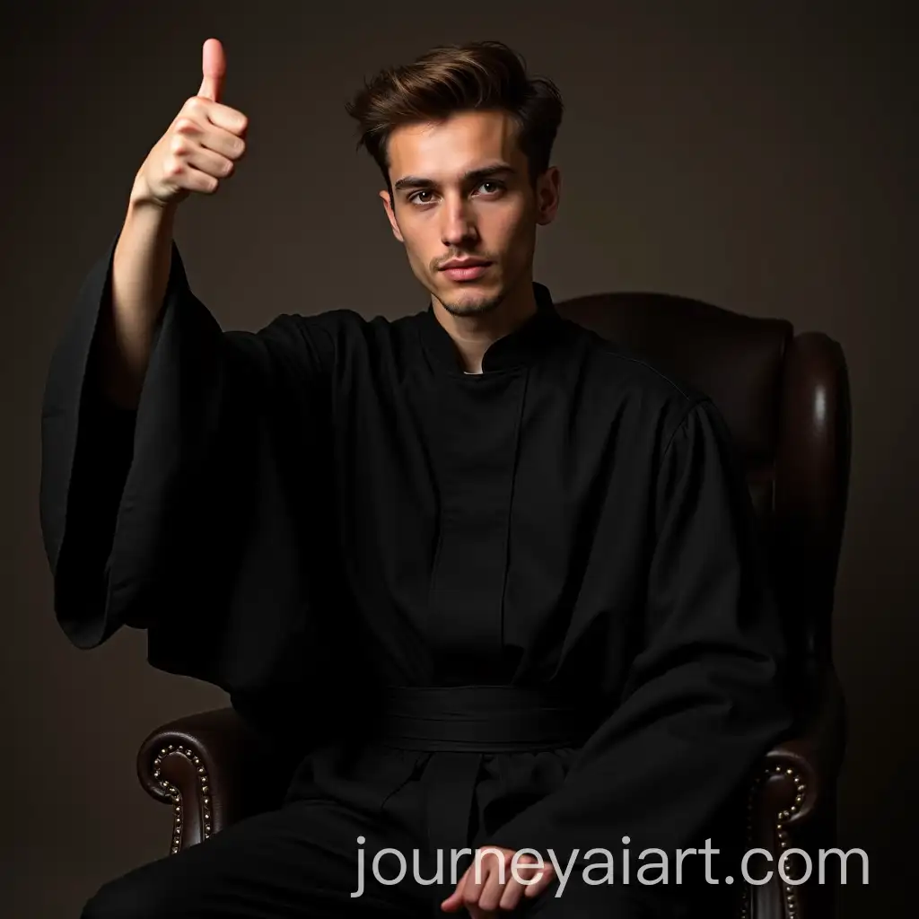 Young-Man-in-Black-Robe-Giving-Thumbs-Up-with-Plastered-Hand
