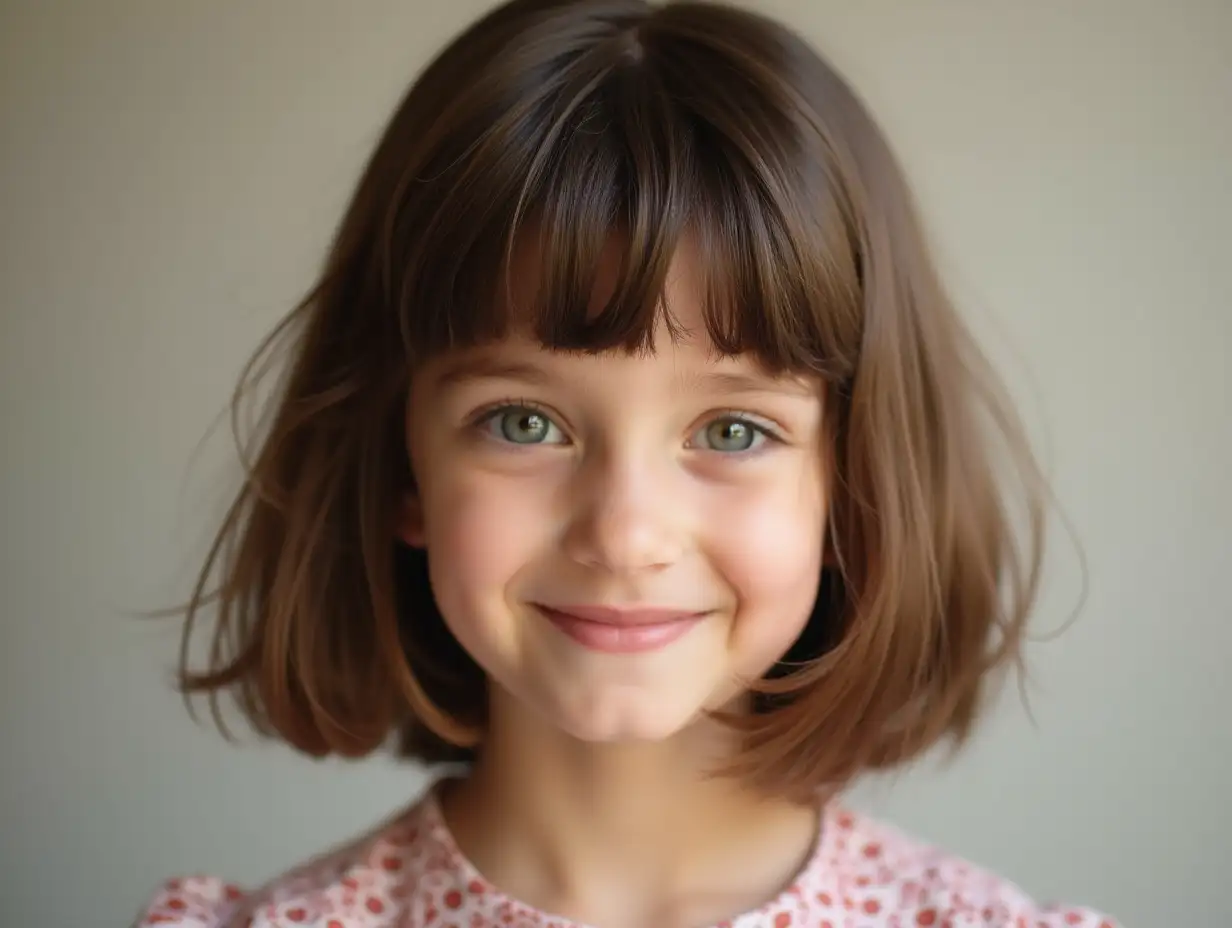 Realistic picture of a charming pretty child girl layerd bob smooth brown hair