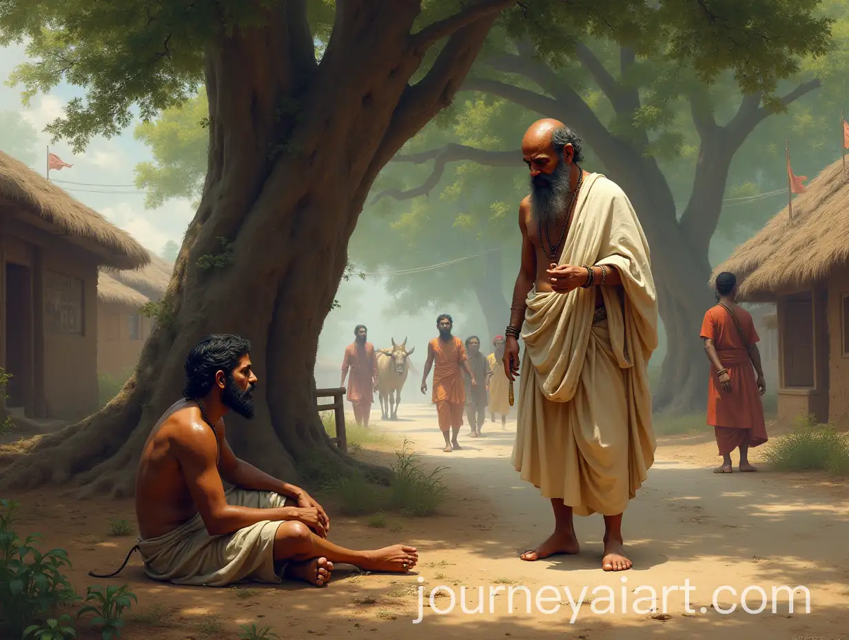 Sant-Eknath-Offering-Compassion-to-a-Weary-Traveler-inAI-Image-Prompt-Expansion-16thCentury-Maharashtra-Village