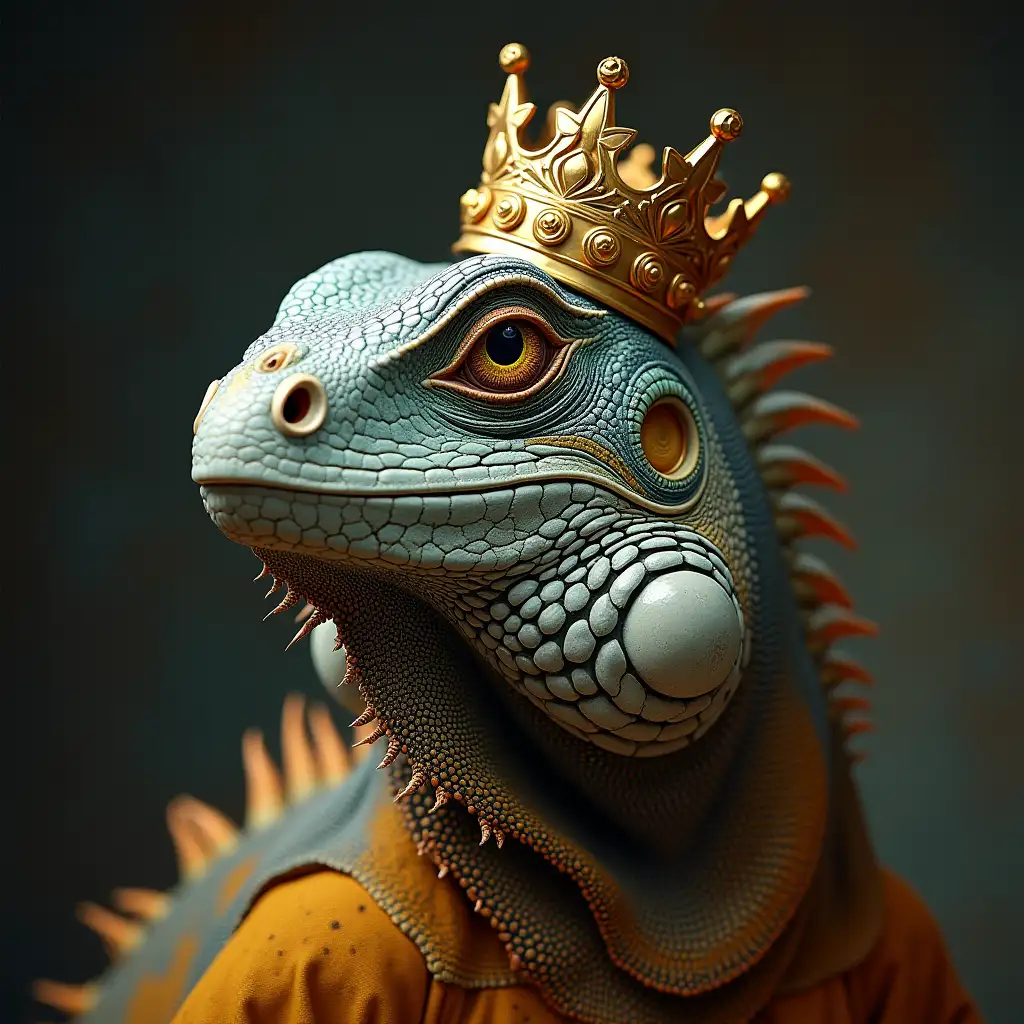 an iguana wearing a crown