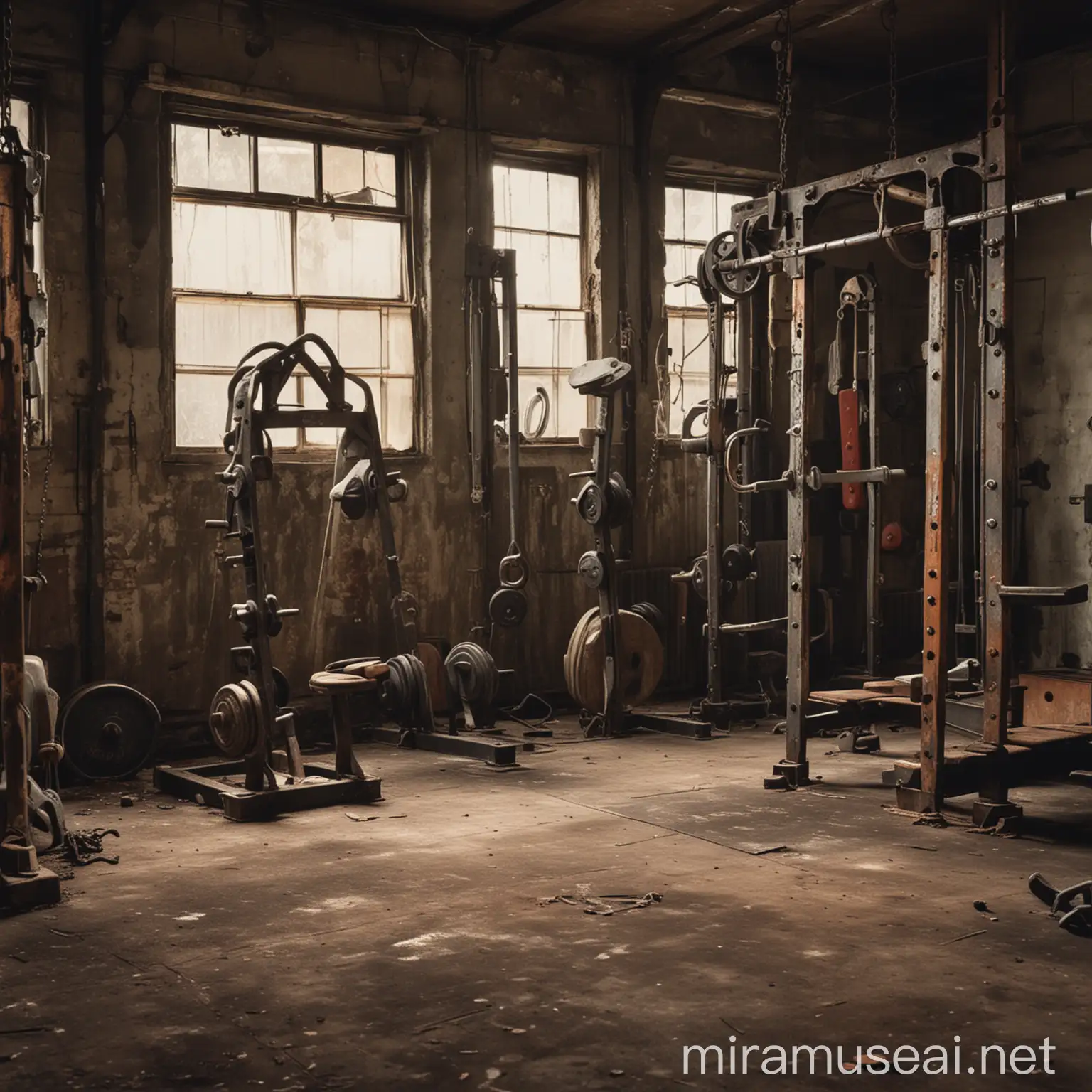 Vintage Gym with Old Weights Dimly Lit Industrial Rustic Atmosphere