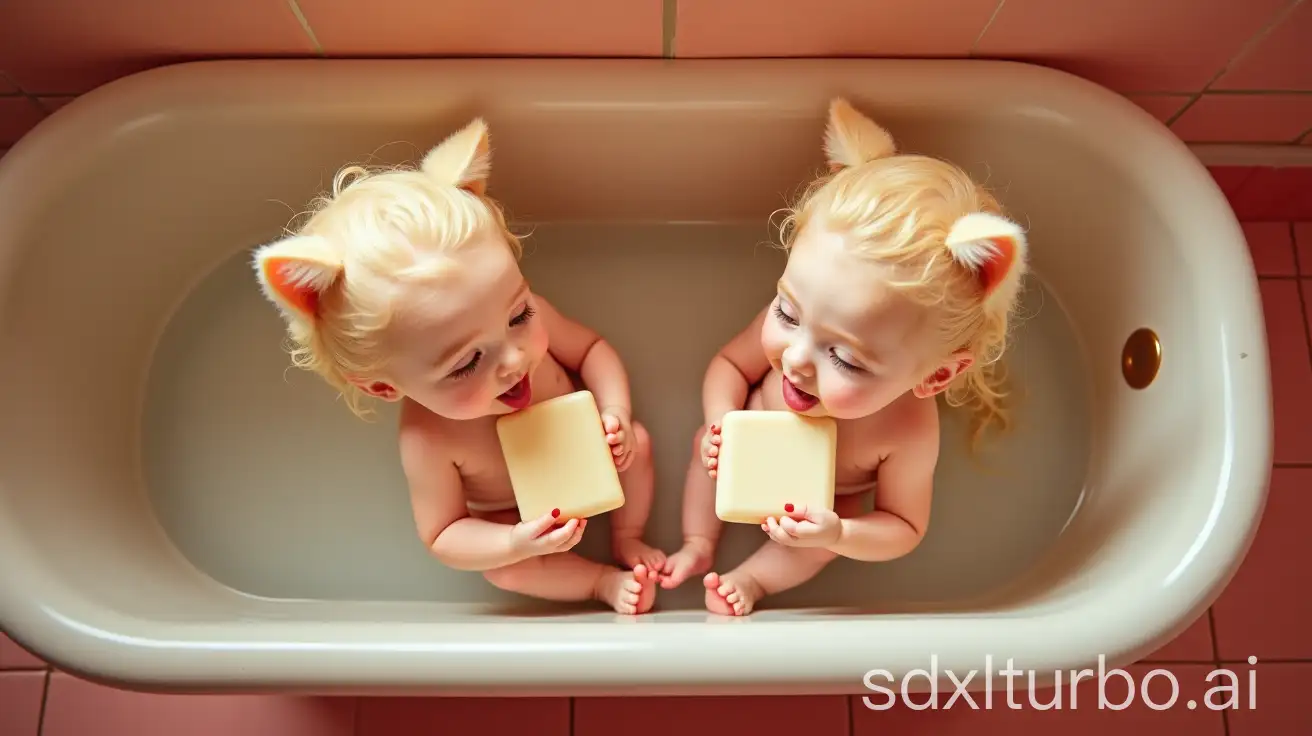 Two-Pregnant-Girls-with-Cat-Ears-and-Tails-Licking-Soap-in-Preschool-Bathtub