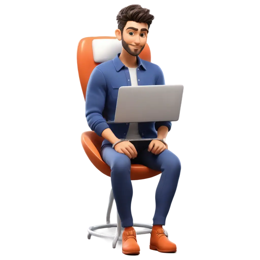 3D-Character-Man-Sitting-in-Spherical-Chair-with-Laptop-PNG-Illustration