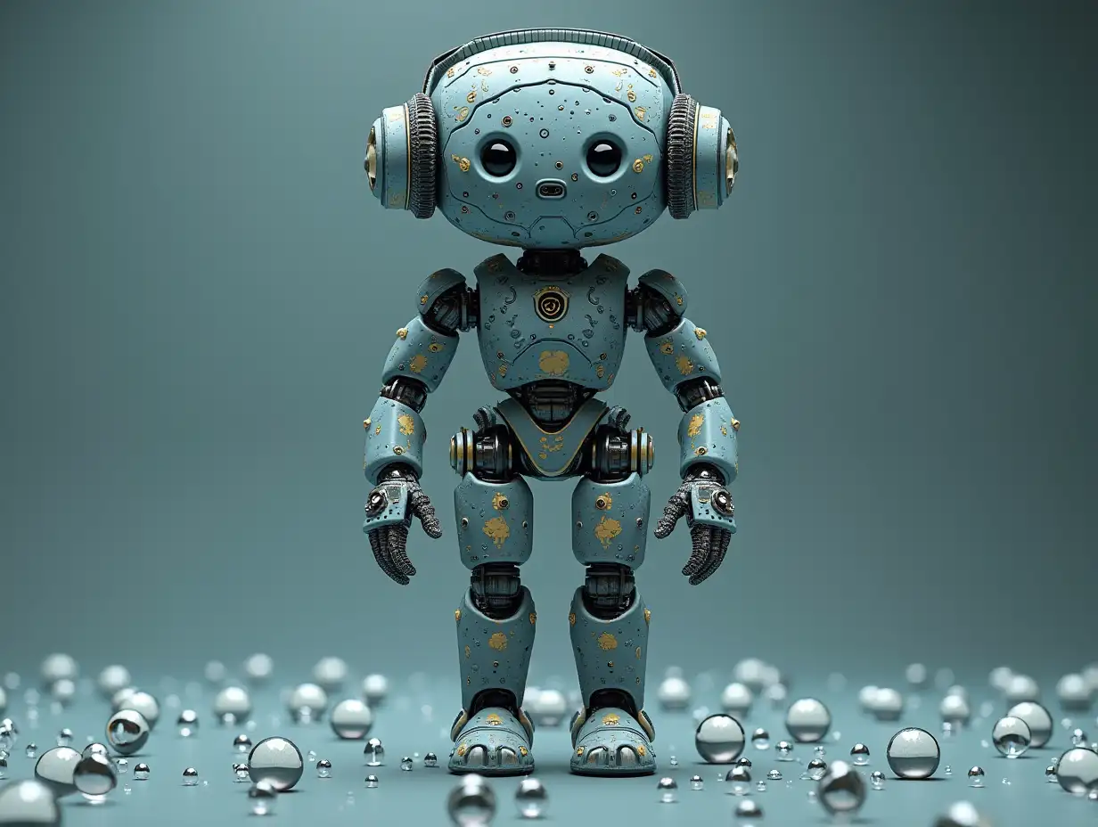 Create a high-resolution, realistic image of artificial intelligence humanoid mixed with Fractals pattern, two meters, with headphone arms and legs, with screws, and many small glass balls on the floor in 4k resolution