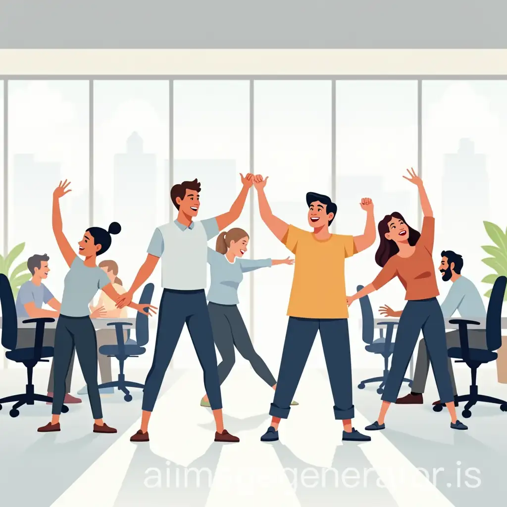A diverse group of office workers doing light stretching exercises together in a modern office space, smiling and relaxed, wellness break, natural light, ergonomic chairs and desks, flat or semi-realistic illustration style