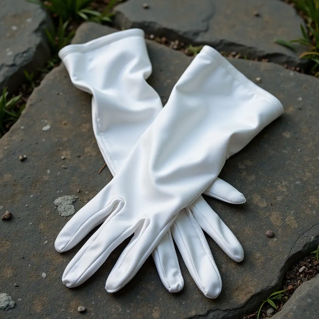Satin-Wedding-Gloves-Resting-on-RockySatin-wedding-gloves-on-rocks-Granite-Ground-with-Greenery