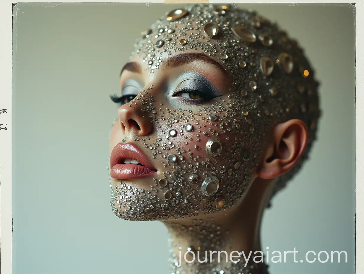 Beautiful-Woman-with-Half-Human-Half-Stone-Face-Made-from-Jewelry-Stones-in-Polaroid-Style