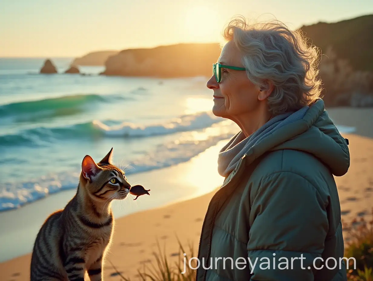 ThoughtAI-Image-Prompt-Expansionful-Woman-with-Cat-at-Sunrise-on-a-Beautiful-Beach