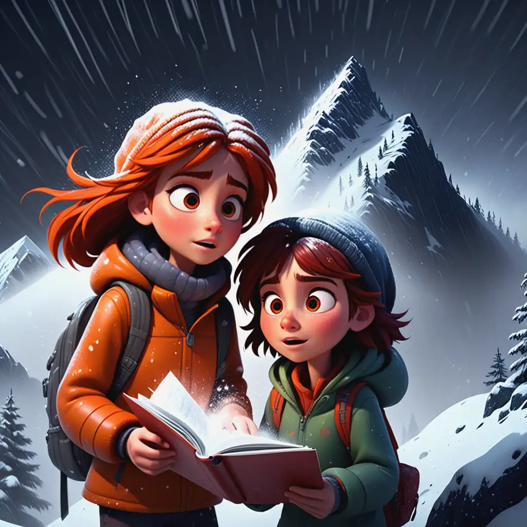 Animated Characters Lina and Jules Braving a Snowstorm on a Mountain