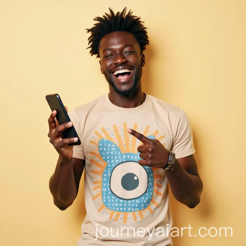 Smiling-African-Man-in-Colorful-Tshirt-Holding-Phone-with-AI-Logo
