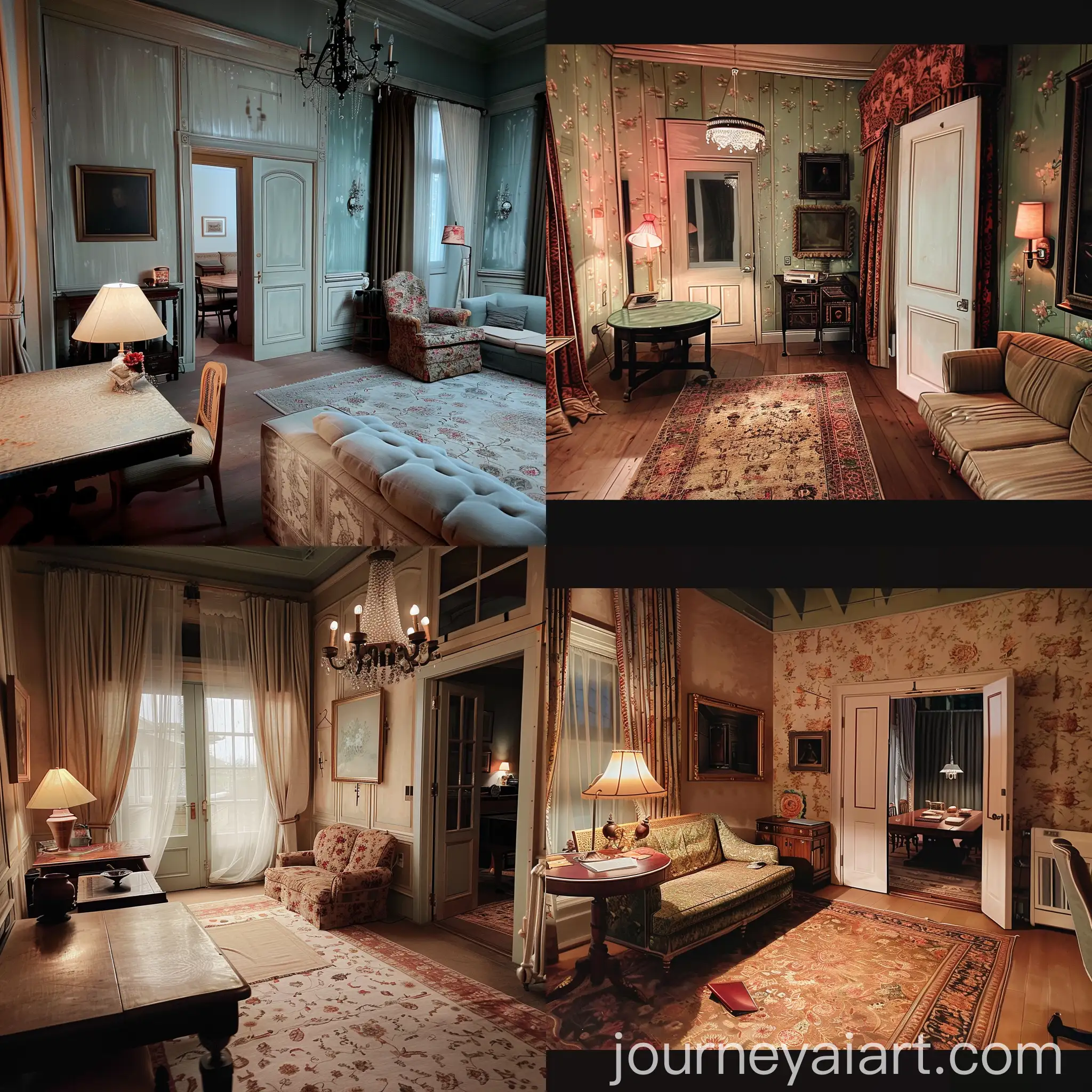 Interior-Room-with-Furniture-Lamp-Curtains-and-Closed-Door