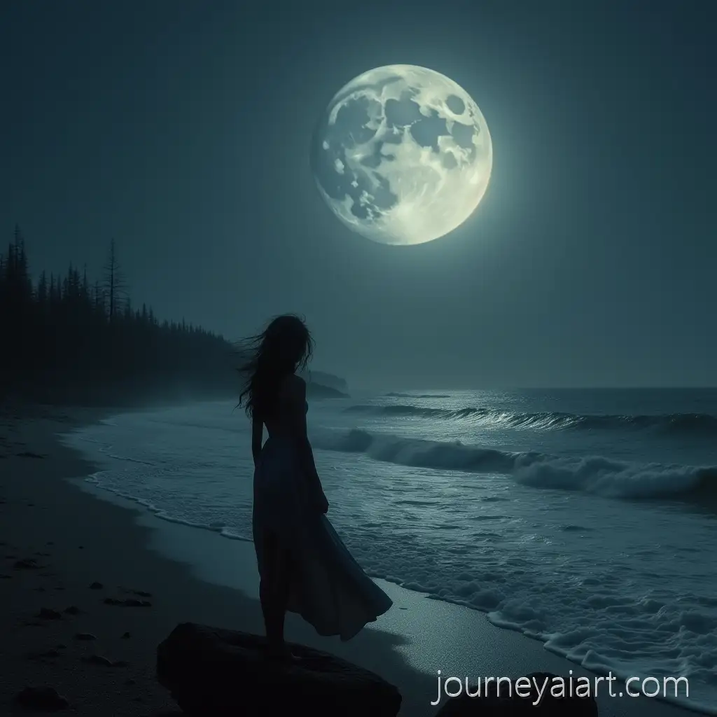 Woman-Standing-on-a-Rock-by-the-Ocean-at-Night-Gazing-at-the-Moon