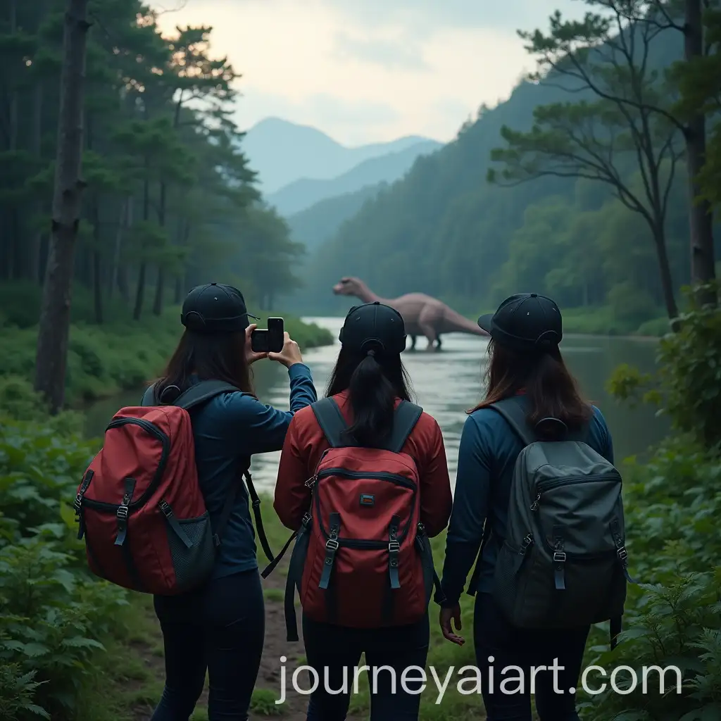 Malay-Female-Hikers-Taking-Selfies-in-the-Forest-with-Dinosaur-in-the-Background