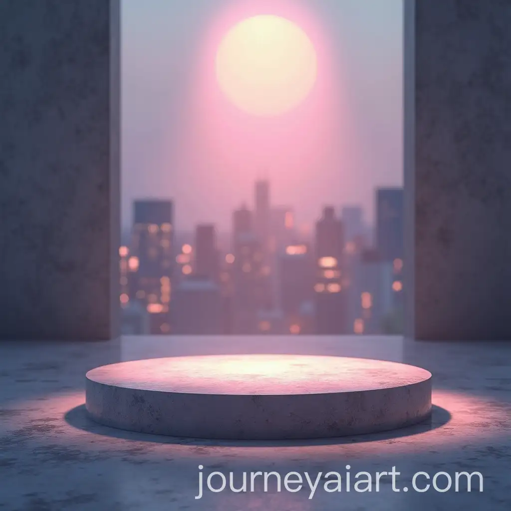 Photorealistic-Product-Design-on-Pedestal-with-City-Silhouette-Background
