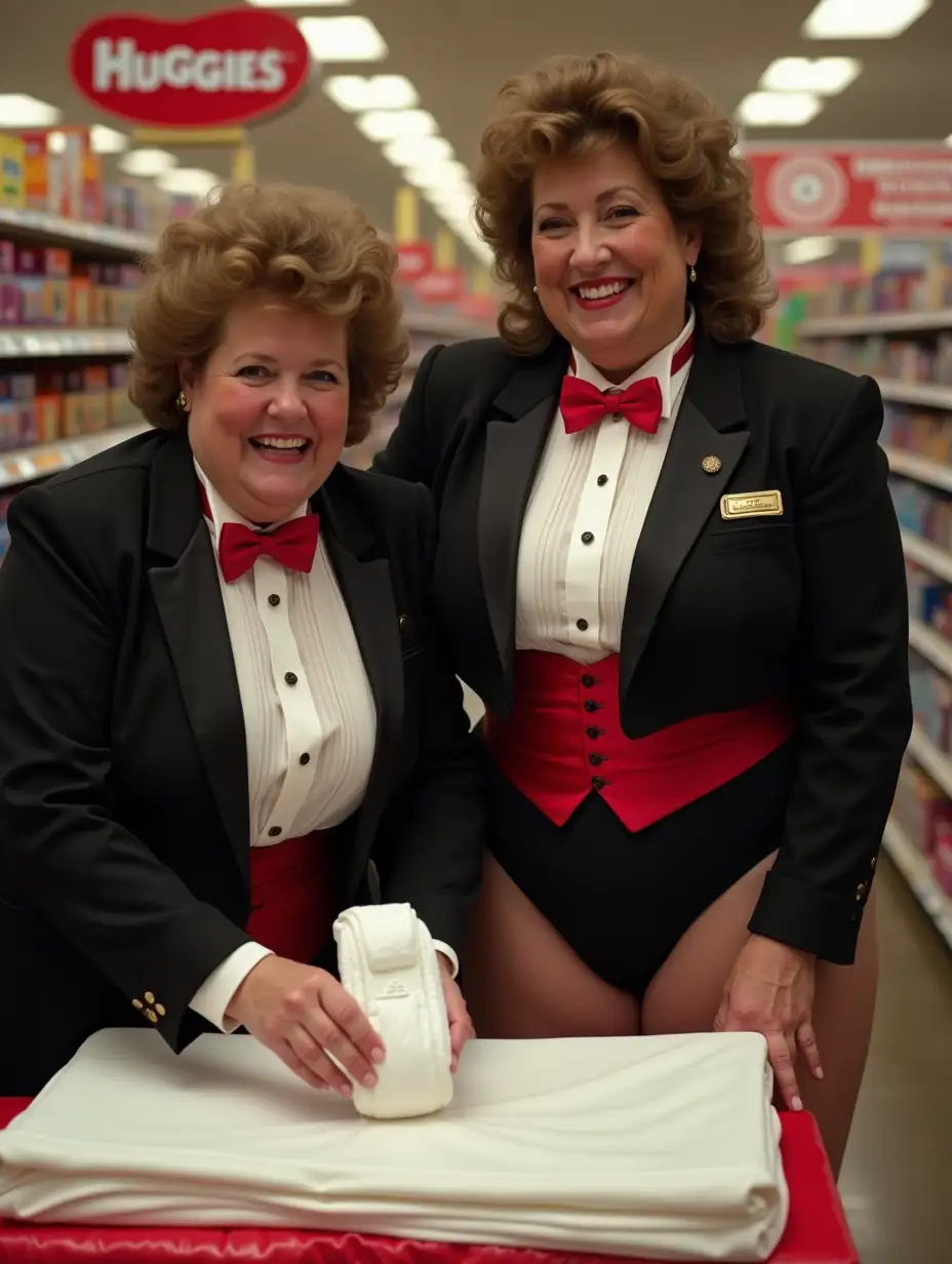 Older-Caucasian-Women-in-Formal-Orchestra-Tuxedo-Shopping-for-Diapers-at-Supermarket