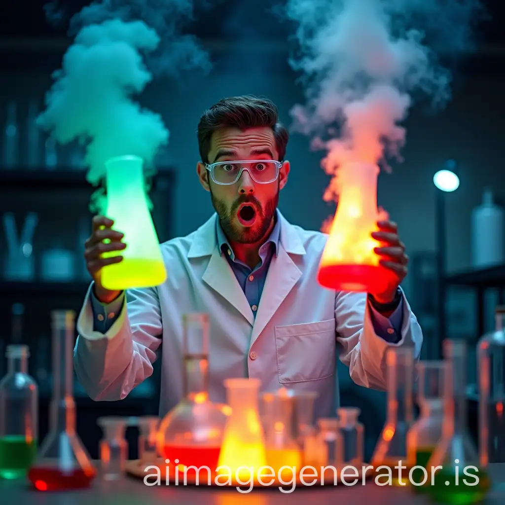 A surprised chemist in a white lab coat and safety goggles holds two colorful flasks — one glowing green, the other fiery red — as a bright chemical reaction unfolds in front of him. The lab is filled with mysterious smoke, vibrant liquids, and scientific glassware, creating an atmosphere of thrilling discovery and unexpected explosions.