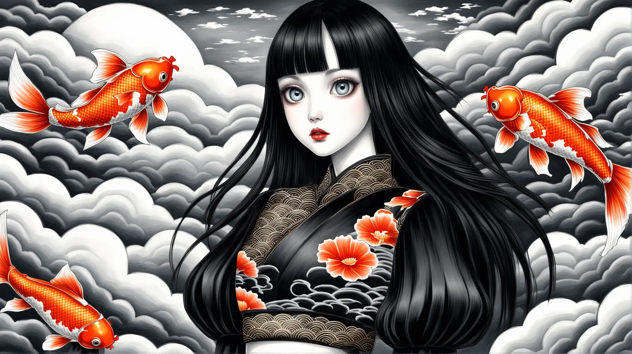 Pale Girl with Flying Koi Fish in Black Art Pencil Drawing Style