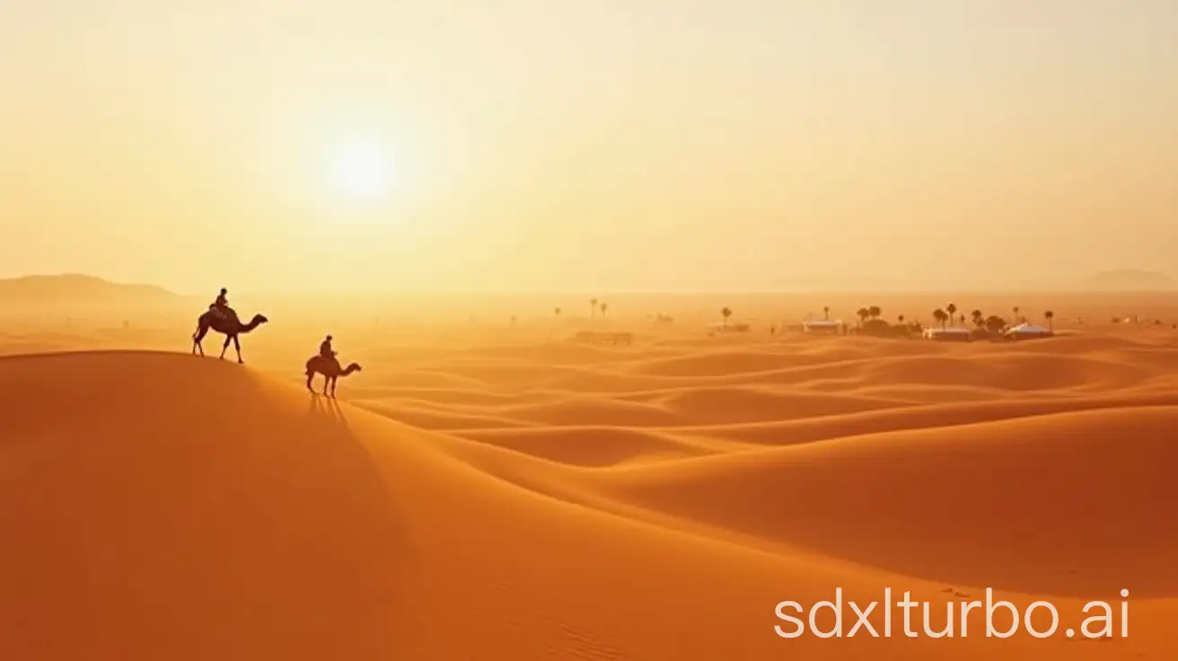 Sahara-Desert-Morning-with-Distant-Oasis-Palm-Trees-and-Bedouin-Tents