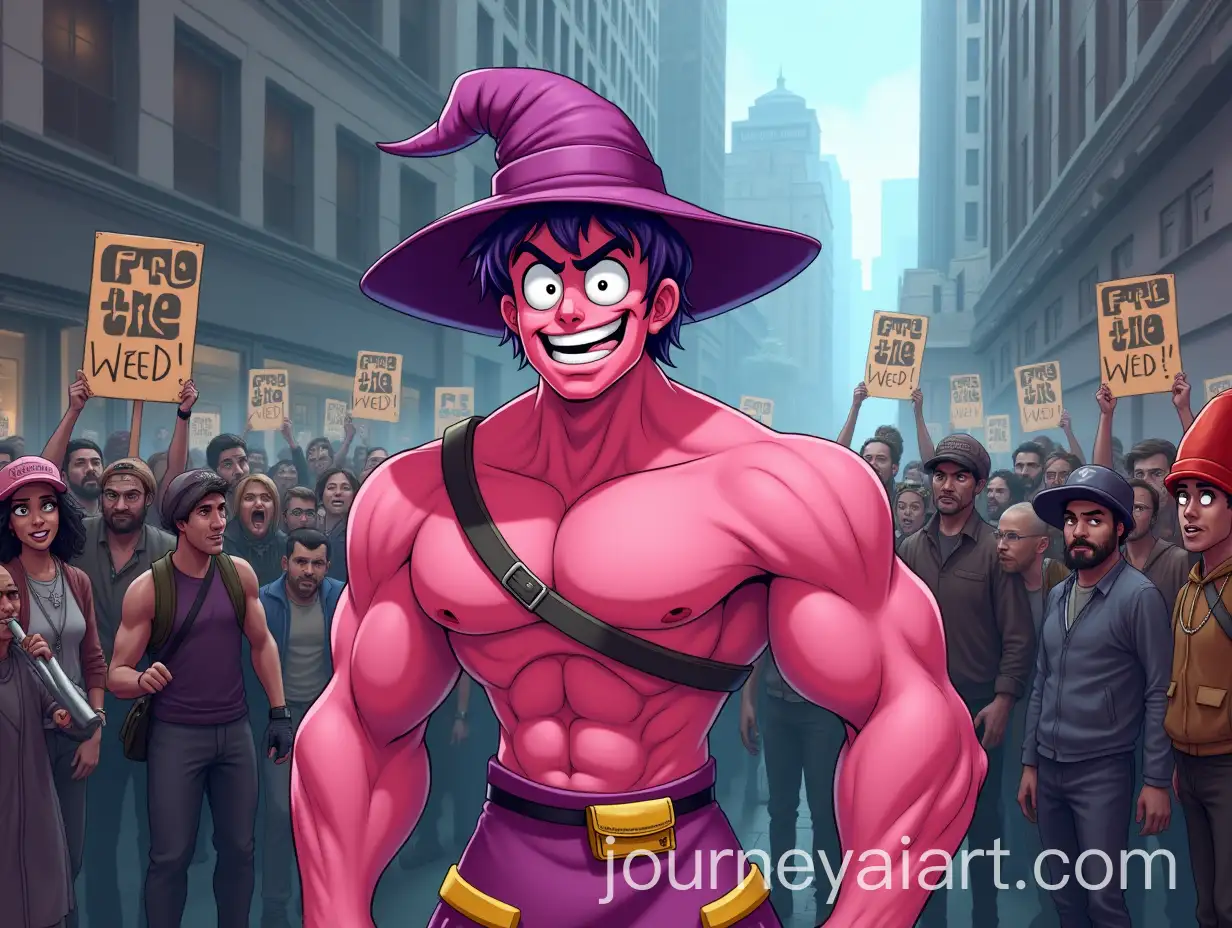 Muscular-Pink-Avatar-in-Purple-Wizard-Hat-Amidst-Zombie-Apocalypse-and-Marijuana-Protest