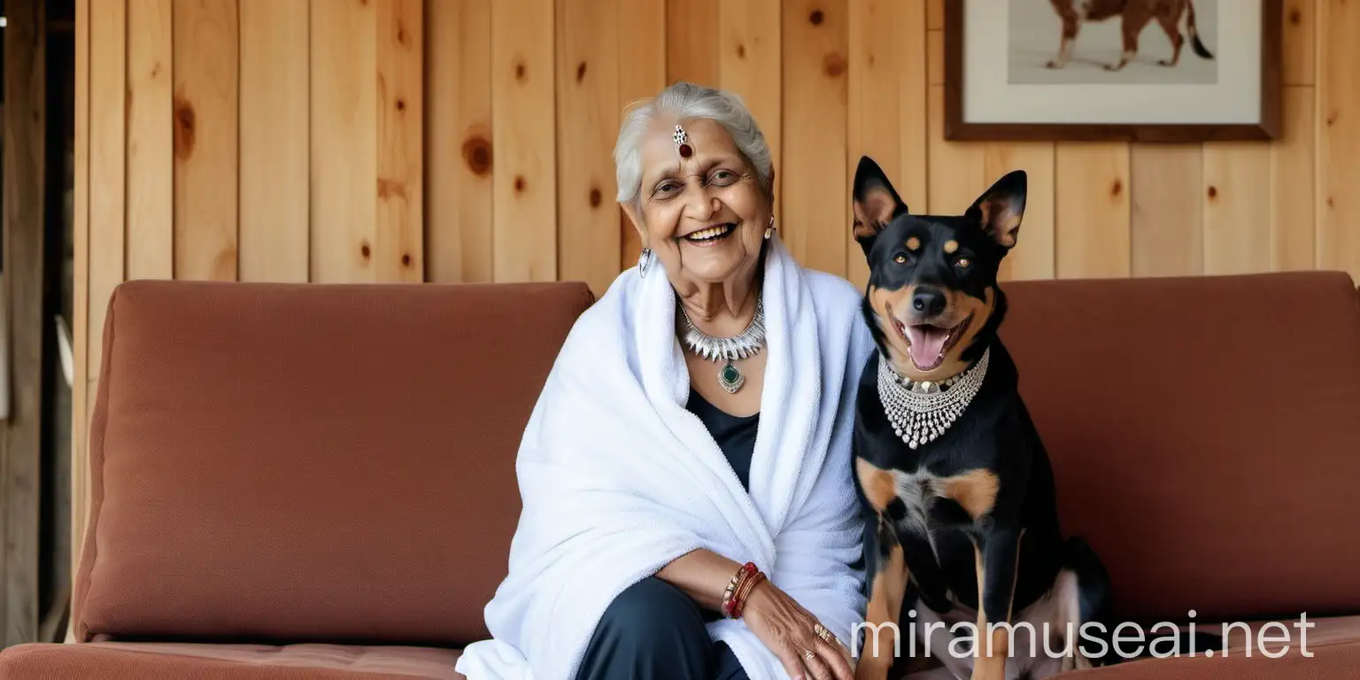 Happy Elderly Indian Woman with Australian Cattle Dog in Maple Wood Building