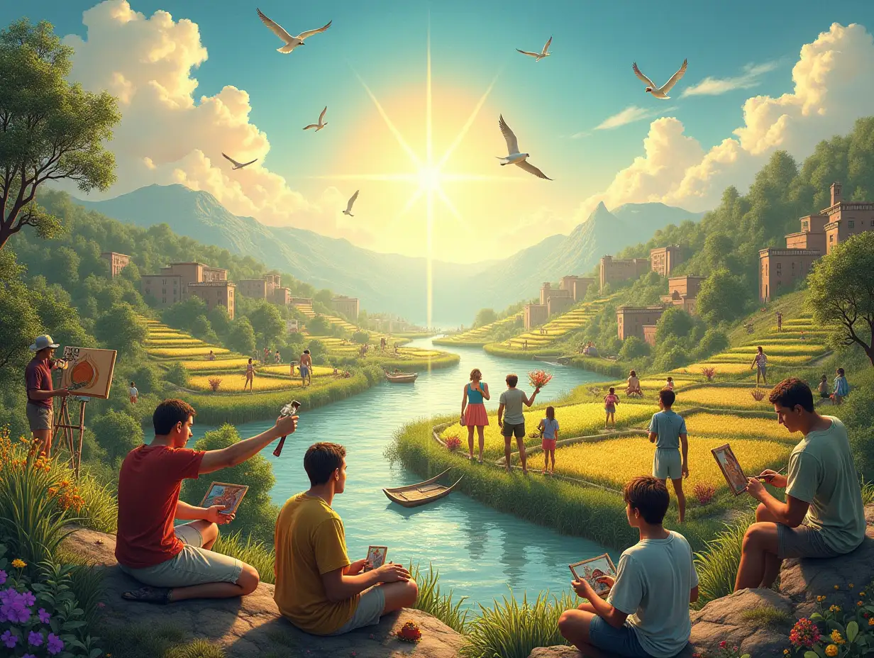 An uplifting depiction of human creativity and cultivation, reflecting God's nature as the ultimate Creator. The scene shows people engaged in various acts of creativity—painting vibrant murals, composing music, tending gardens bursting with life, and building structures that blend beautifully with the environment. The landscape is alive with innovation and harmony, featuring fields of crops, flowing rivers, and artistic expressions woven into nature. A divine light illuminates the scene, symbolizing the inspiration and guidance of God as humanity reflects His creative essence. The atmosphere conveys joy, purpose, and the beauty of co-creating with the Creator.