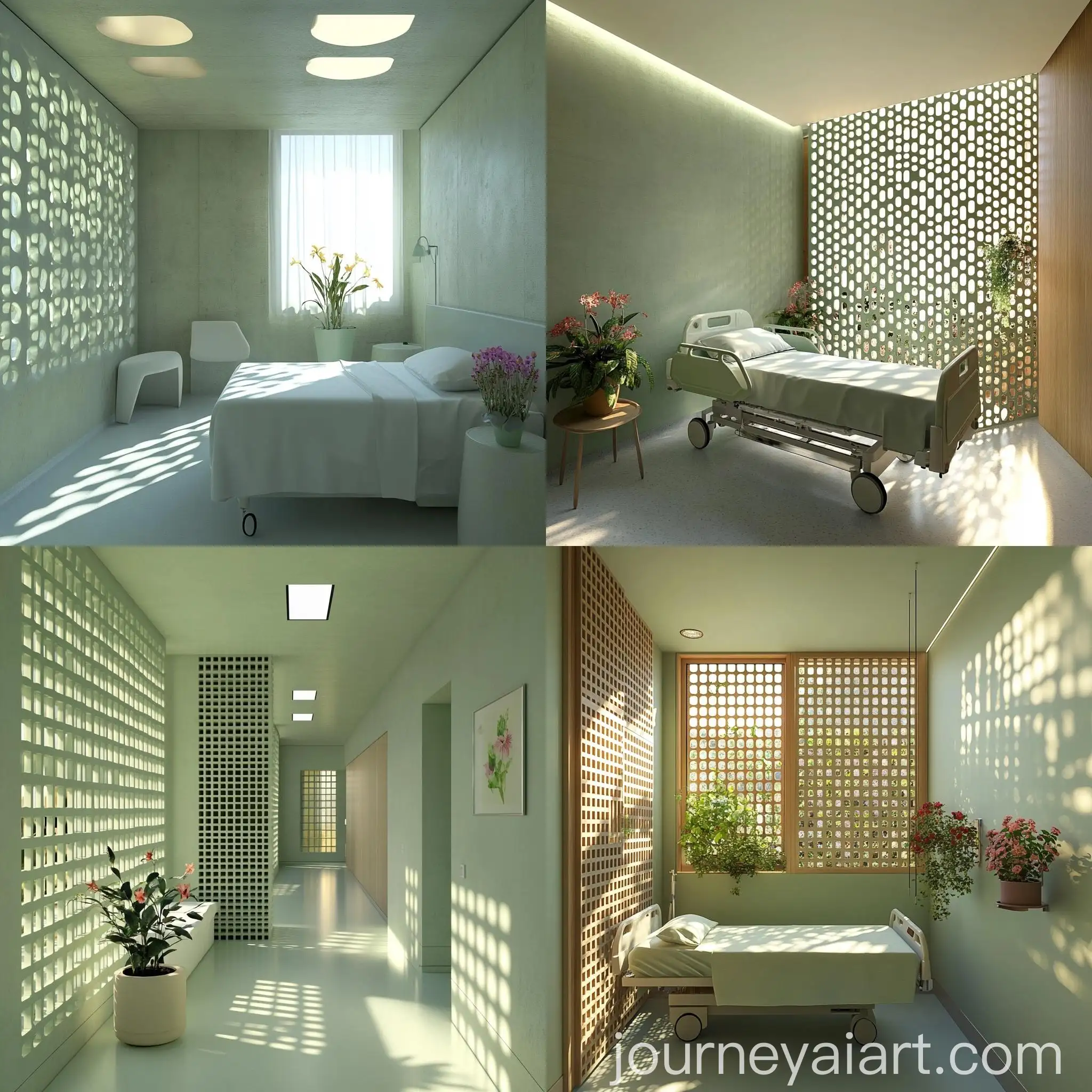 Modern-Hospital-Room-Design-with-Pale-Green-Walls-and-Perforated-Concrete-Facade