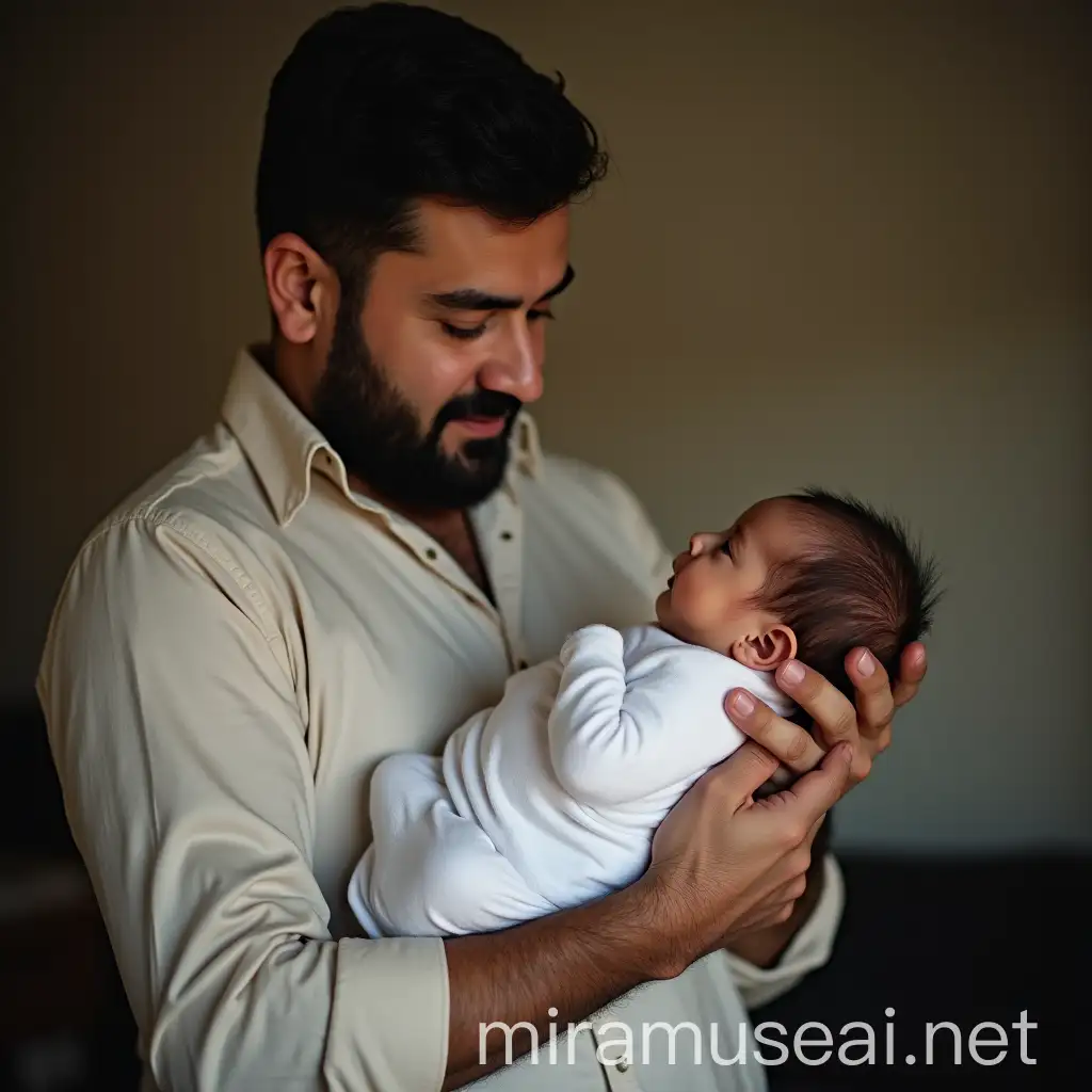 Iraqi Father Holding Newborn Baby with White Swaddling Cloth