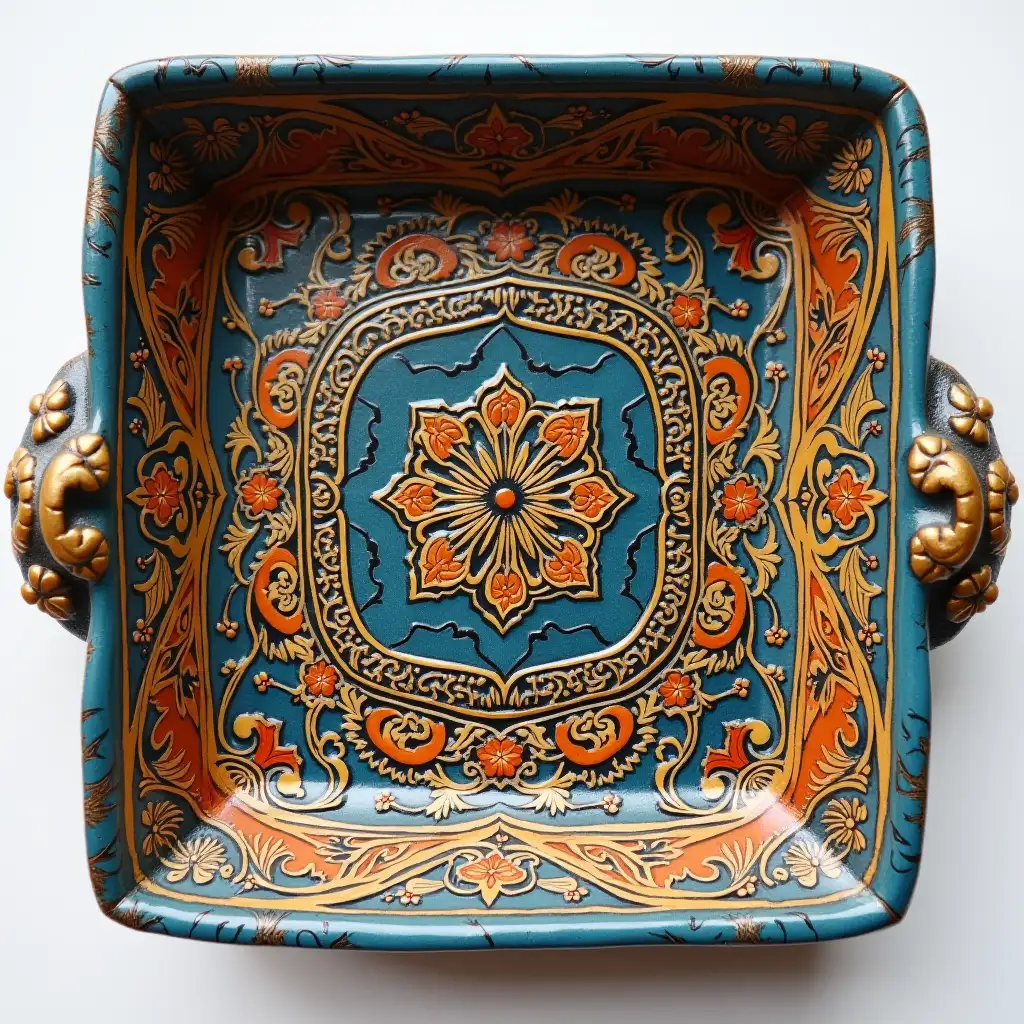 Square with rounded corners ceramic serving dish with embossed beautiful handle, antique and old, Qajar art, Iranian Tabriz carpet design