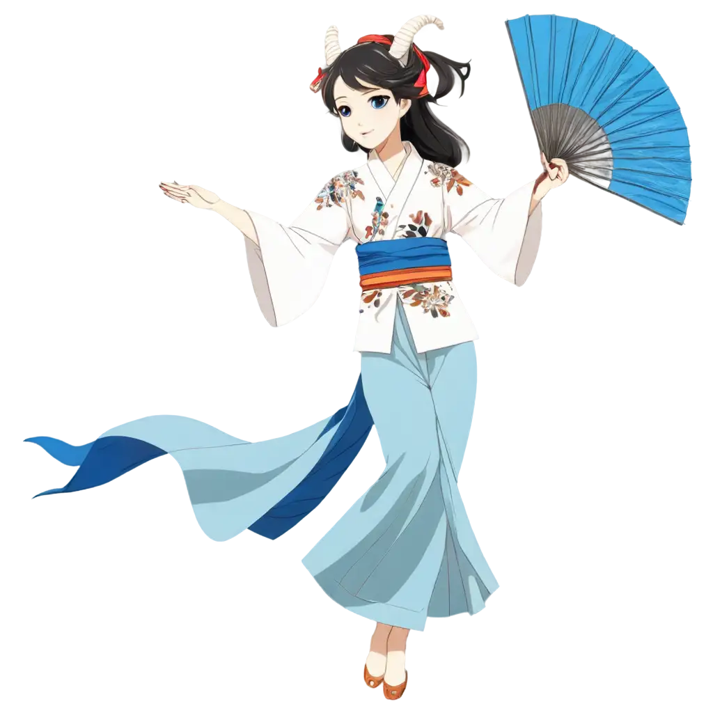 Anime-Style-PNG-Image-of-a-Thin-GoatLike-Female-Japanese-Princess-Dancing-with-Colorful-Fans