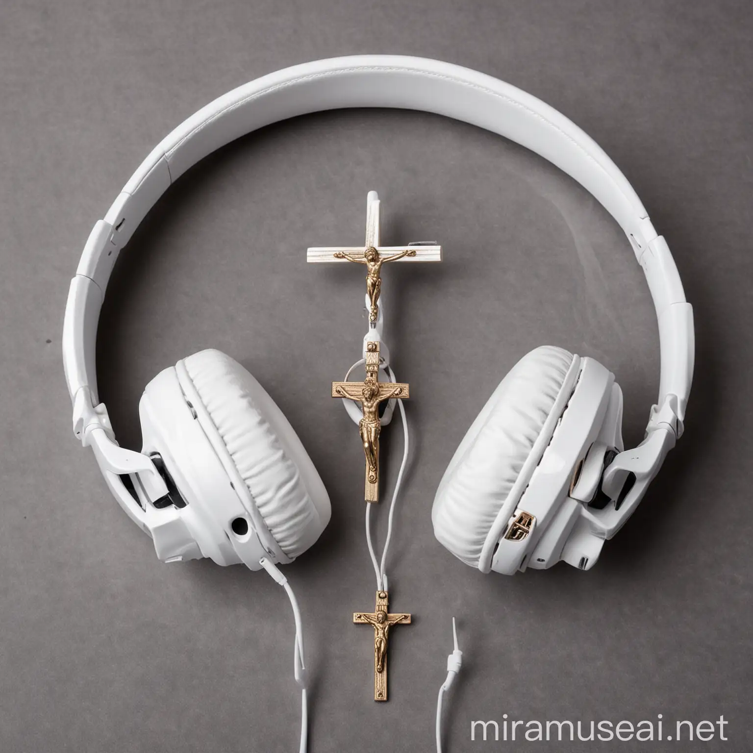 White Headphones with Crucifix on Wooden Table