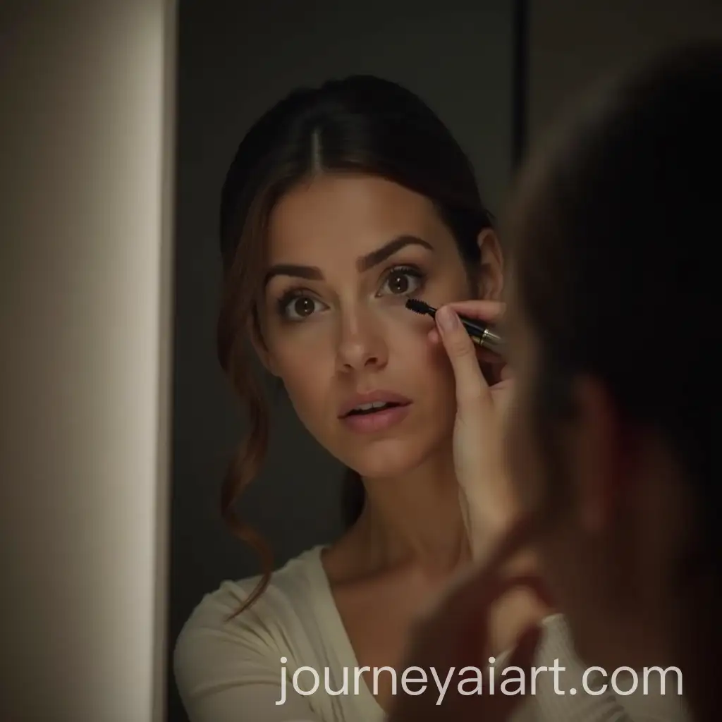 Woman-Applying-Mascara-with-Worried-Expression-in-Diagonal-Mirror-View