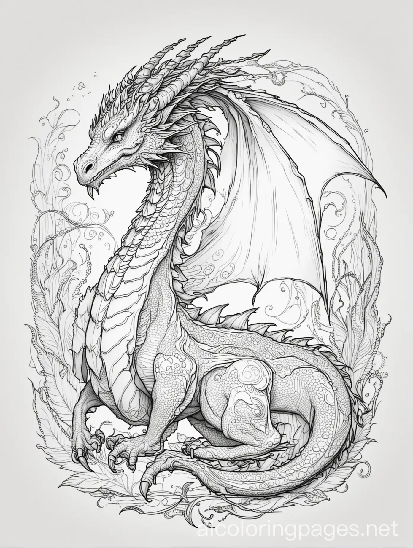 Fantasy dragon, Coloring Page, black and white, line art, white background, Simplicity, Ample White Space. The background of the coloring page is plain white to make it easy for young children to color within the lines. The outlines of all the subjects are easy to distinguish, making it simple for kids to color without too much difficulty