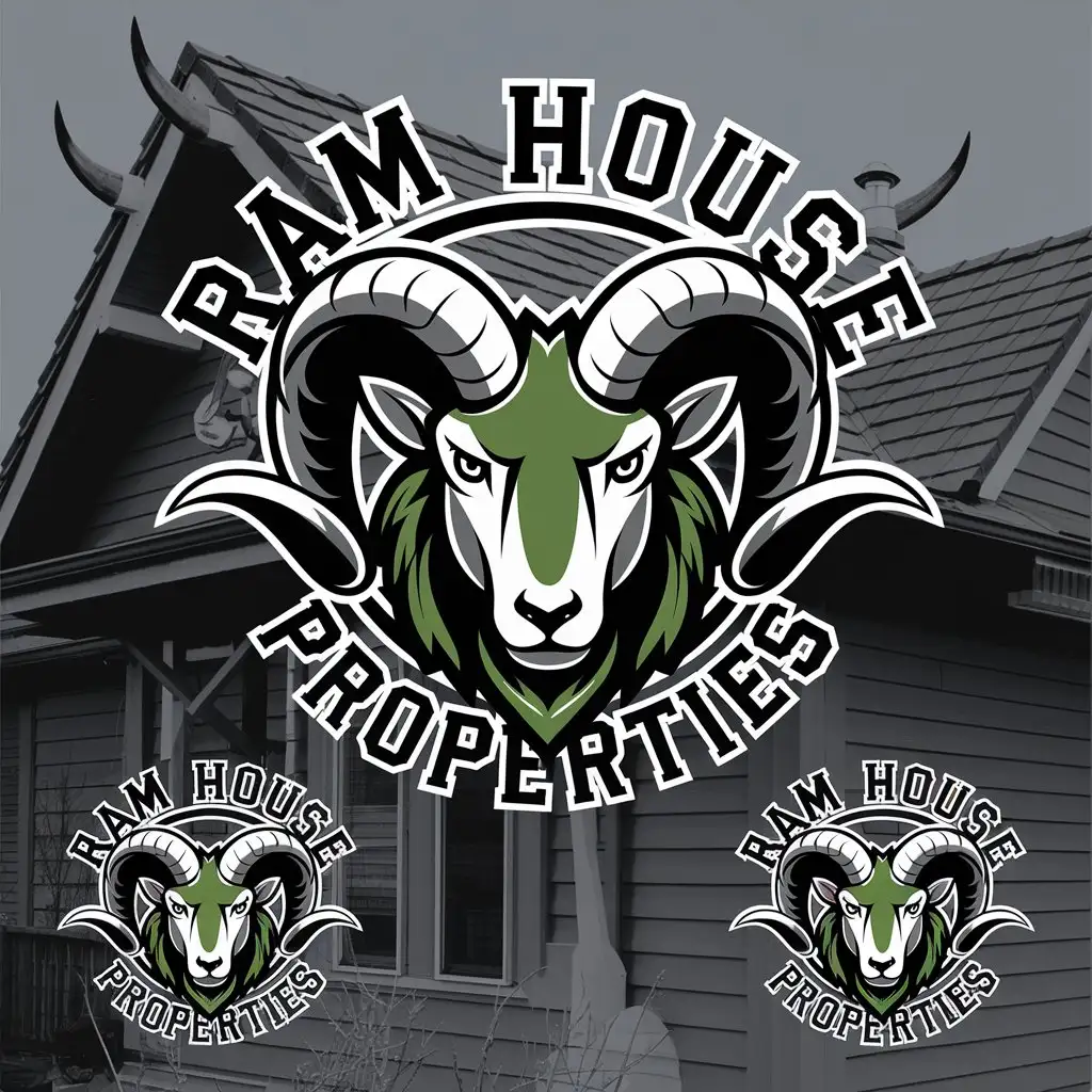 LOGO Design for Ram House Properties Green Black White with Ram Head Mascot and House Elements