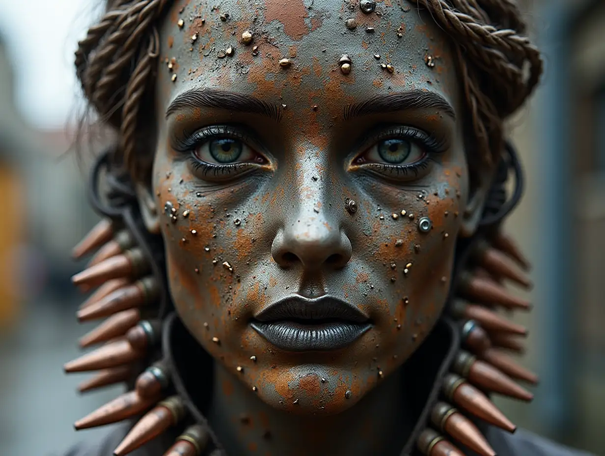 Face made of iron and steel Bullets and wire turned into buildings