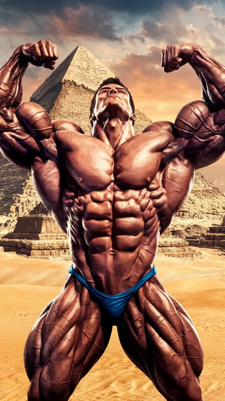 Powerfully muscled, hugely ripped, pumped, bodybuilder musclegod reverently receives the powers of the ancient pyramids, becomes a mighty superhero. 24 years old. Photorealistic.