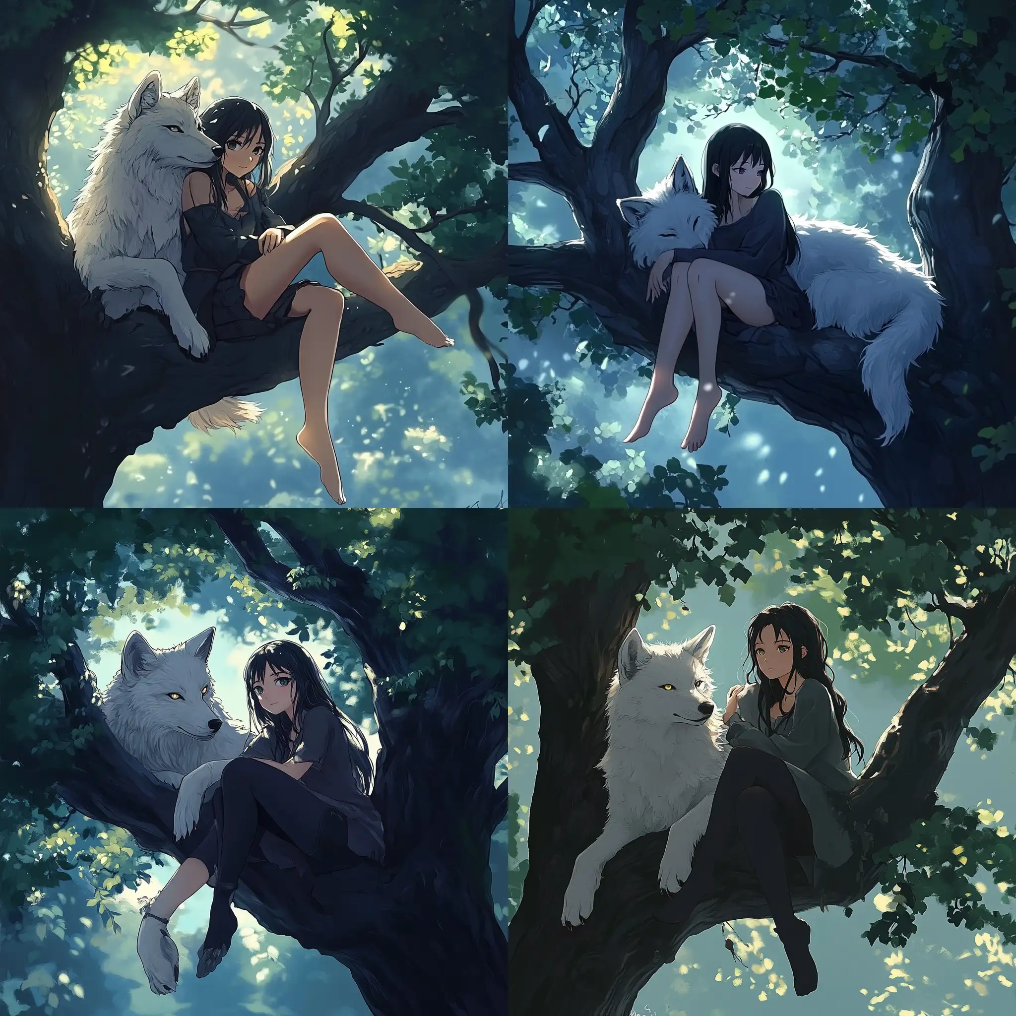 Anime-Girl-Relaxing-in-a-Tree-with-a-Majestic-White-Wolf
