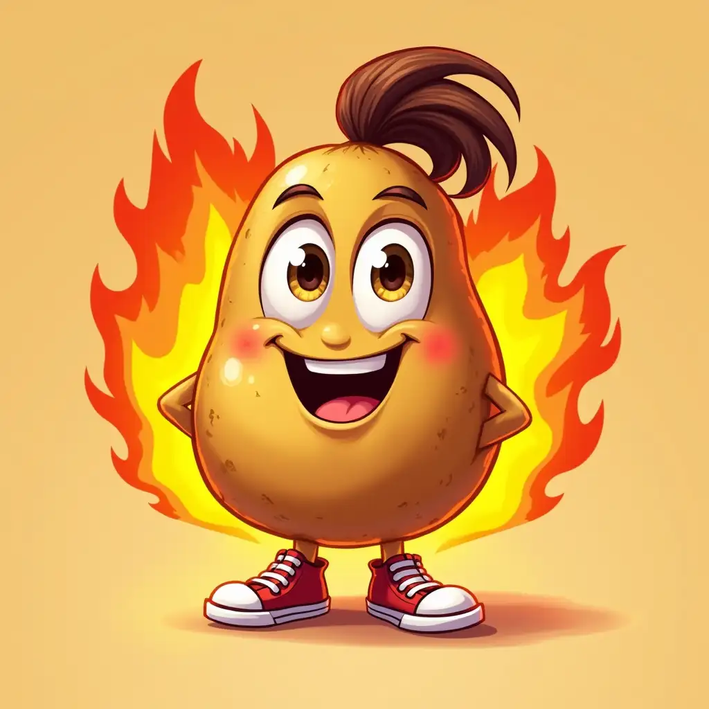 The cheerful cartoon potato, with a ponytail of brown hair, large expressive eyes, and a wide smile, wearing sneakers, stands confidently against a backdrop of orange and yellow flames, in a vibrant, slightly exaggerated childish style reminiscent of video game character art.