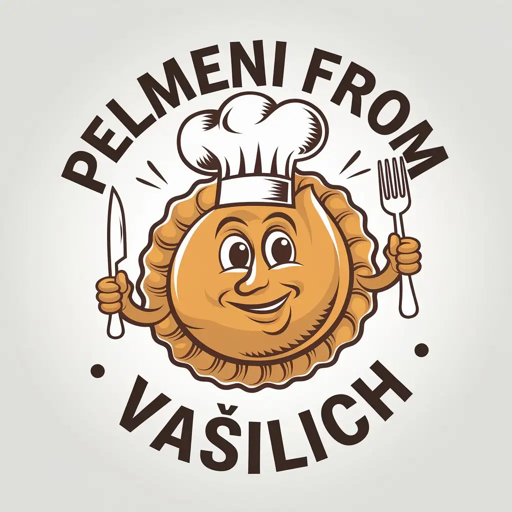 a vector logo design,with the text "pelmeni from Vasilich", main symbol:pierogies in a chef's hat with eyes, nose, mouth, right hand holding a fork, left hand holding a knife,complex,be used in food industry,clear background