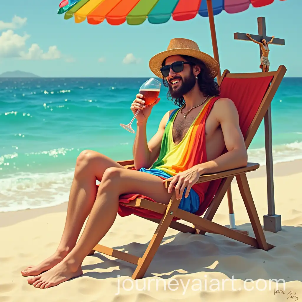 Jesus-Christ-in-Rainbow-Swimsuit-Relaxing-on-Beach-Chair-with-Wine-Glass